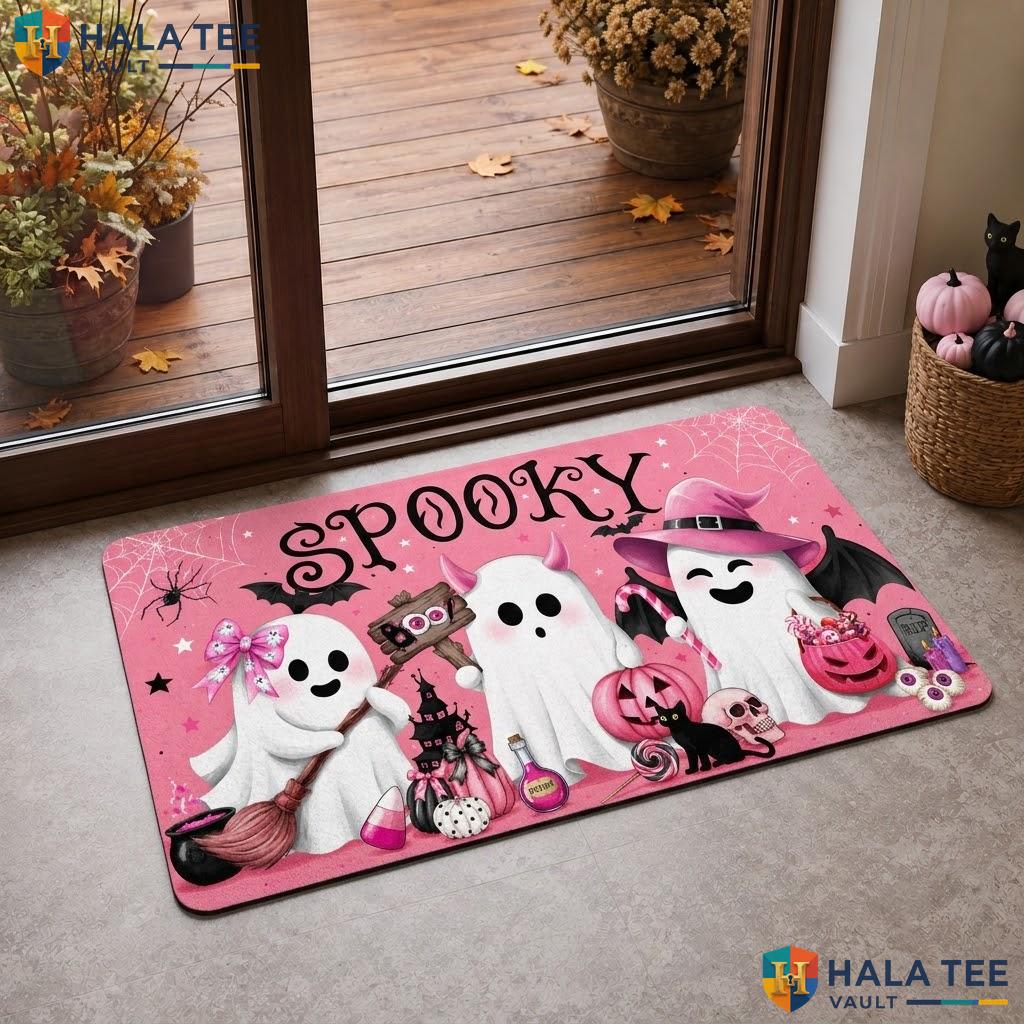 Pink Ghost Halloween Doormat Non Slip Linen Surface Spooky Fall Entryway Rug