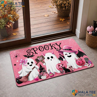Pink Ghost Halloween Doormat Non Slip Linen Surface Spooky Fall Entryway Rug