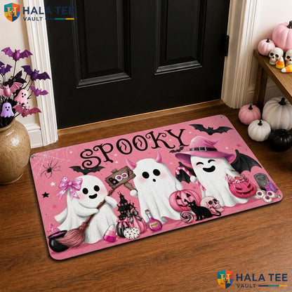 Pink Ghost Halloween Front door mat Non Slip Linen Surface Spooky Fall Entryway Rug