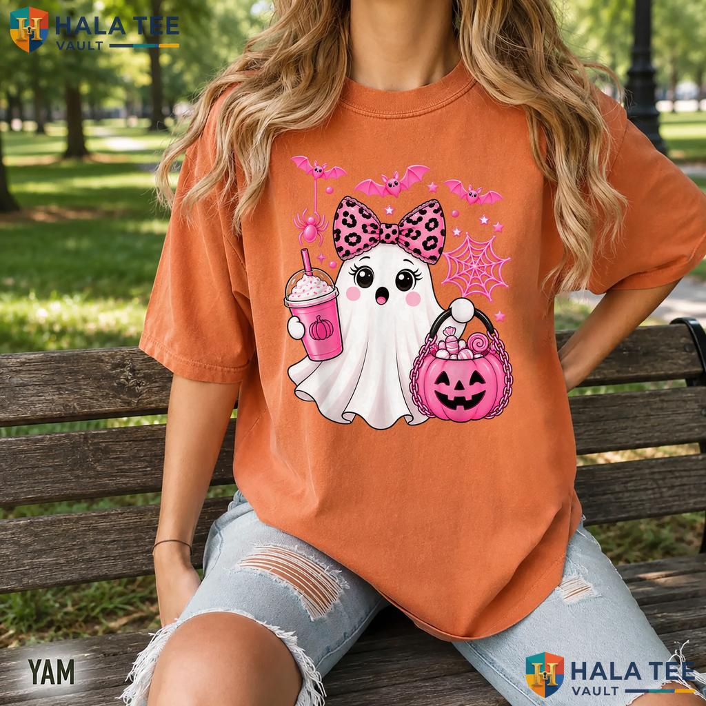 Pink Halloween Ghost Pumpkin Retro Style T-Shirt Spooky Women Girls