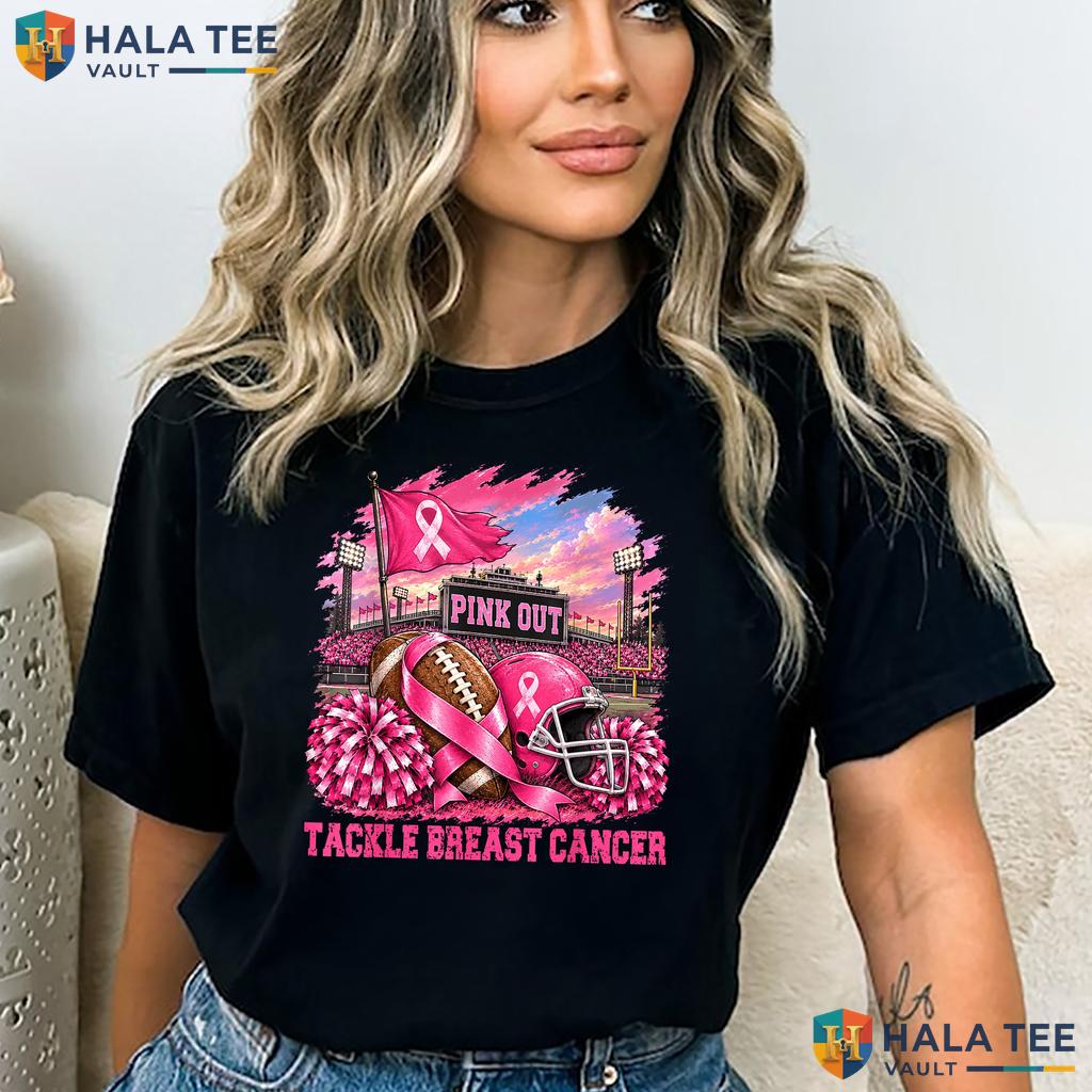 Pink Out Tackle Football TShirt Breast Cancer Awareness Mom Kids Top Adult