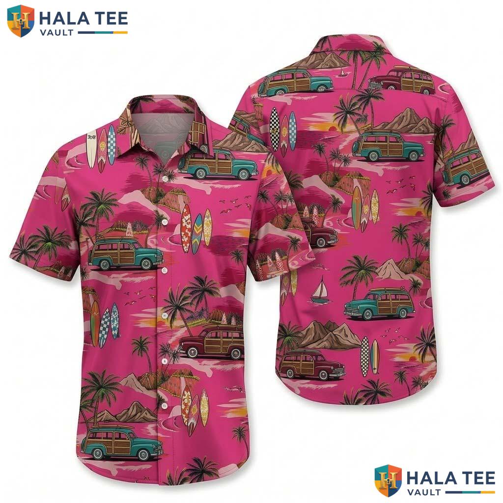Pink Palm Island Hawaiian Shirt Mens Short Sleeve Beach Vacation Top