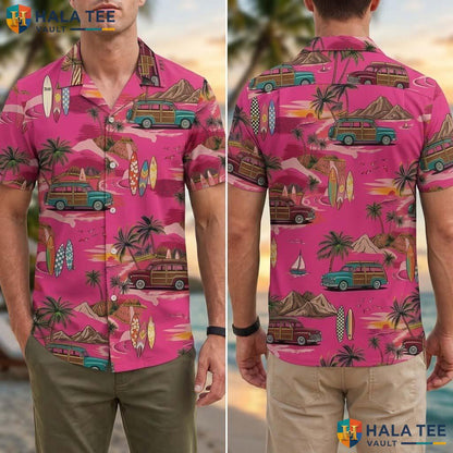 Pink Palm Island Tropical Shirt Mens Short Sleeve Beach Vacation Top