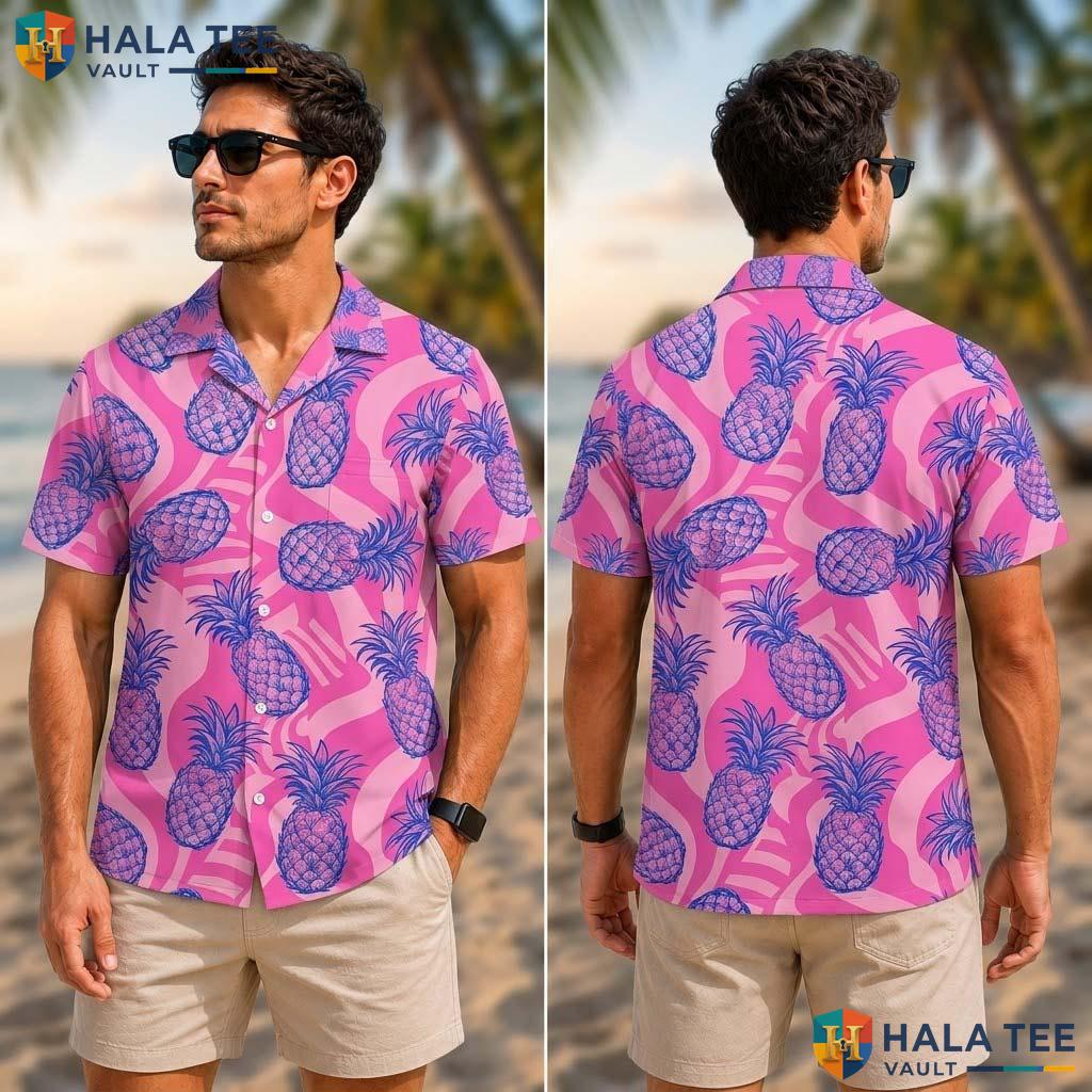 Pink Pineapple Mens Tropical Shirt Short Sleeve Casual Vacation Top