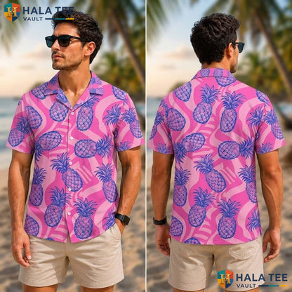 Pink Pineapple Mens Tropical Shirt Short Sleeve Casual Vacation Top