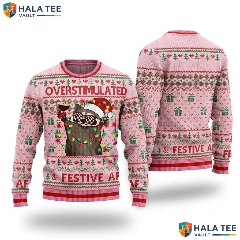 Pink Raccoon Overstimulated Christmas Sweater Funny Xmas Graphic Outfit