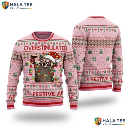 Pink Raccoon Overstimulated Christmas Sweater Funny Xmas Graphic Outfit