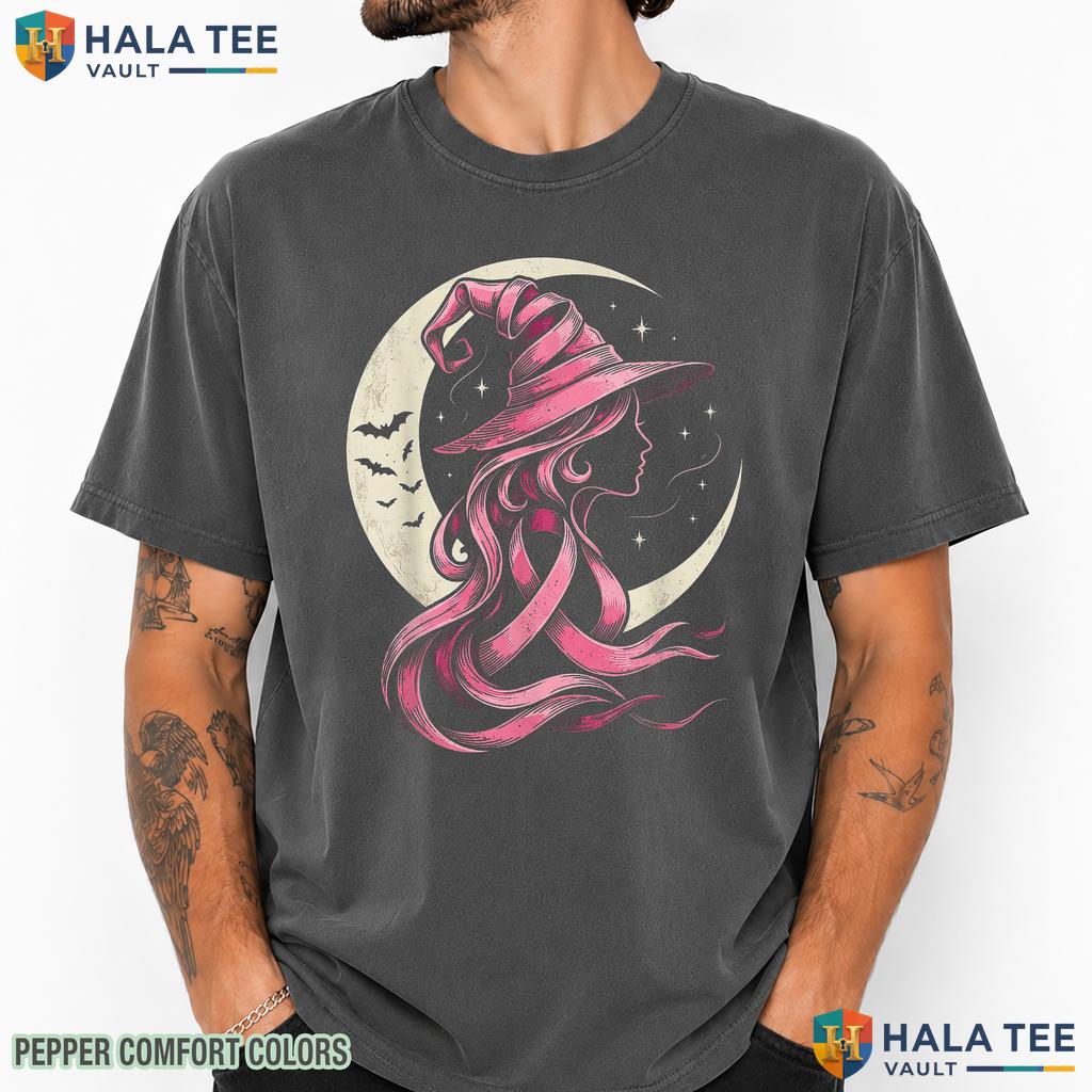 Pink Ribbon Breast Cancer Comfort Colors T-Shirt Halloween Witch Top