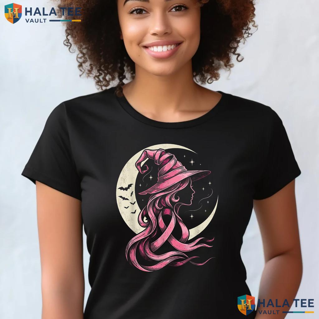 Pink Ribbon Breast Cancer Tee Halloween Witch Graphic Apparel Top