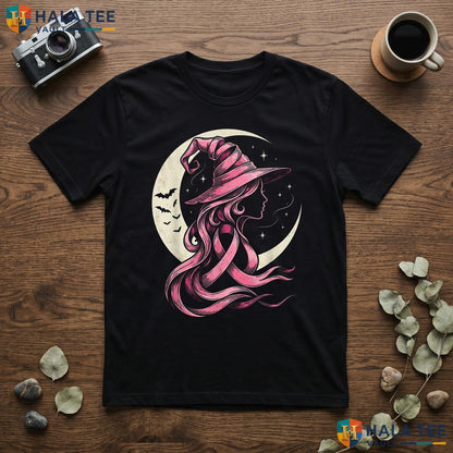 Pink Ribbon Breast Cancer Tee Halloween Witch Graphic Apparel Top Adult