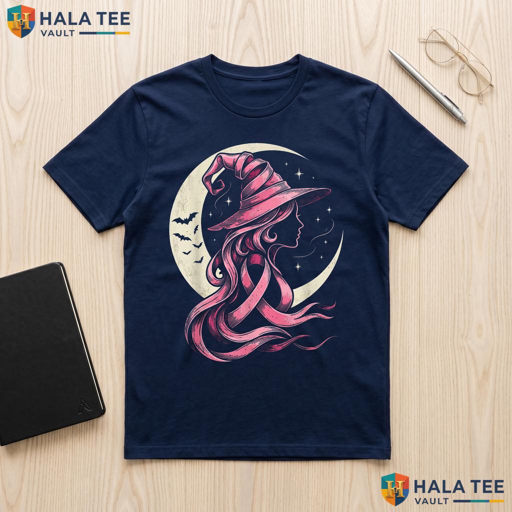 Pink Ribbon Breast Cancer Tee Halloween Witch Graphic Apparel Top Adult