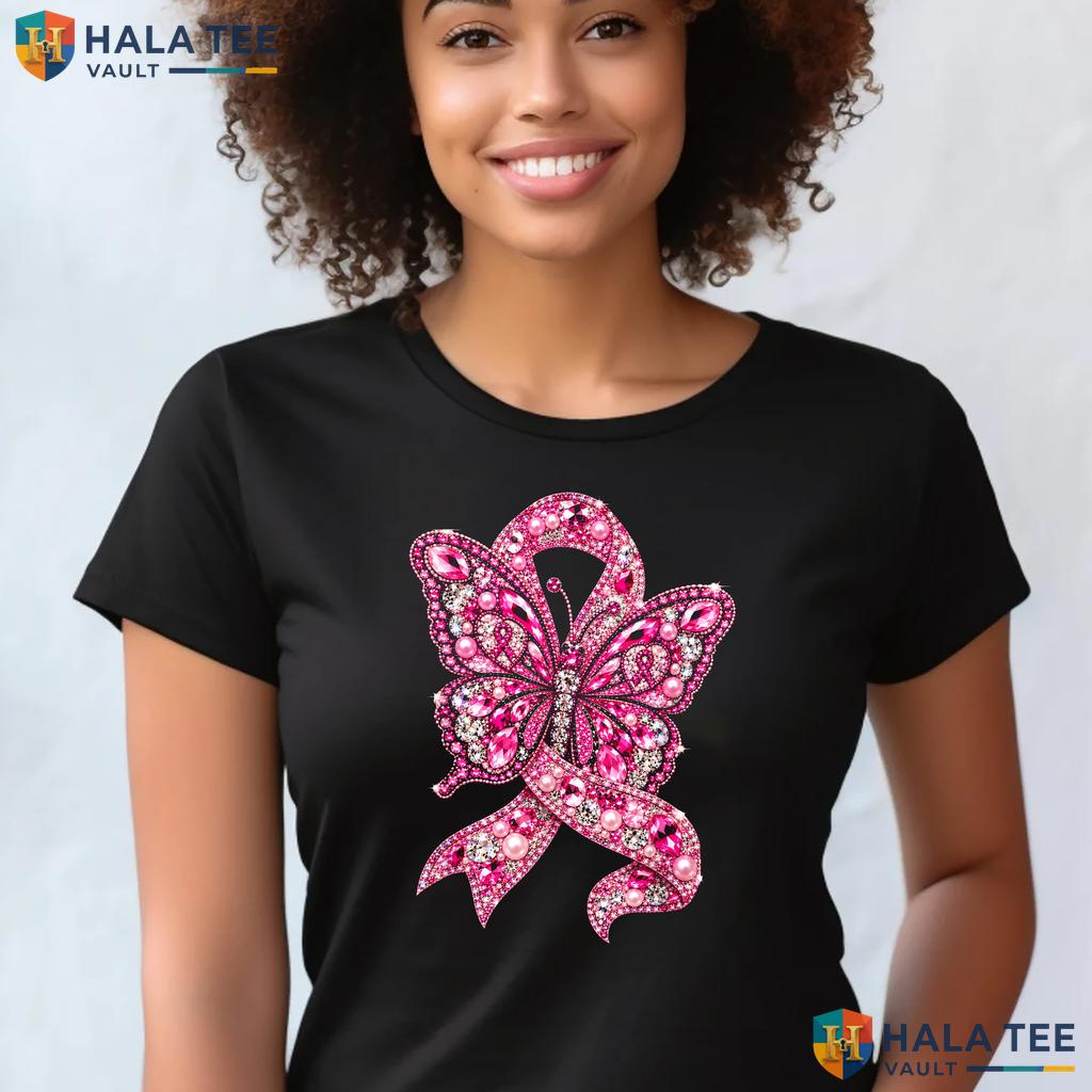 Pink Ribbon Butterfly Cancer T-Shirt Cute Awareness Sparkling Top