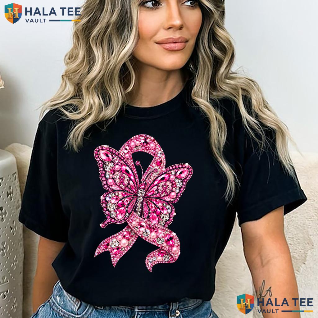 Pink Ribbon Butterfly Cancer T-Shirt Cute Awareness Sparkling Top Adult