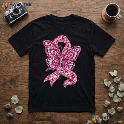 Pink Ribbon Butterfly Cancer T-Shirt Cute Awareness Sparkling Top Adult