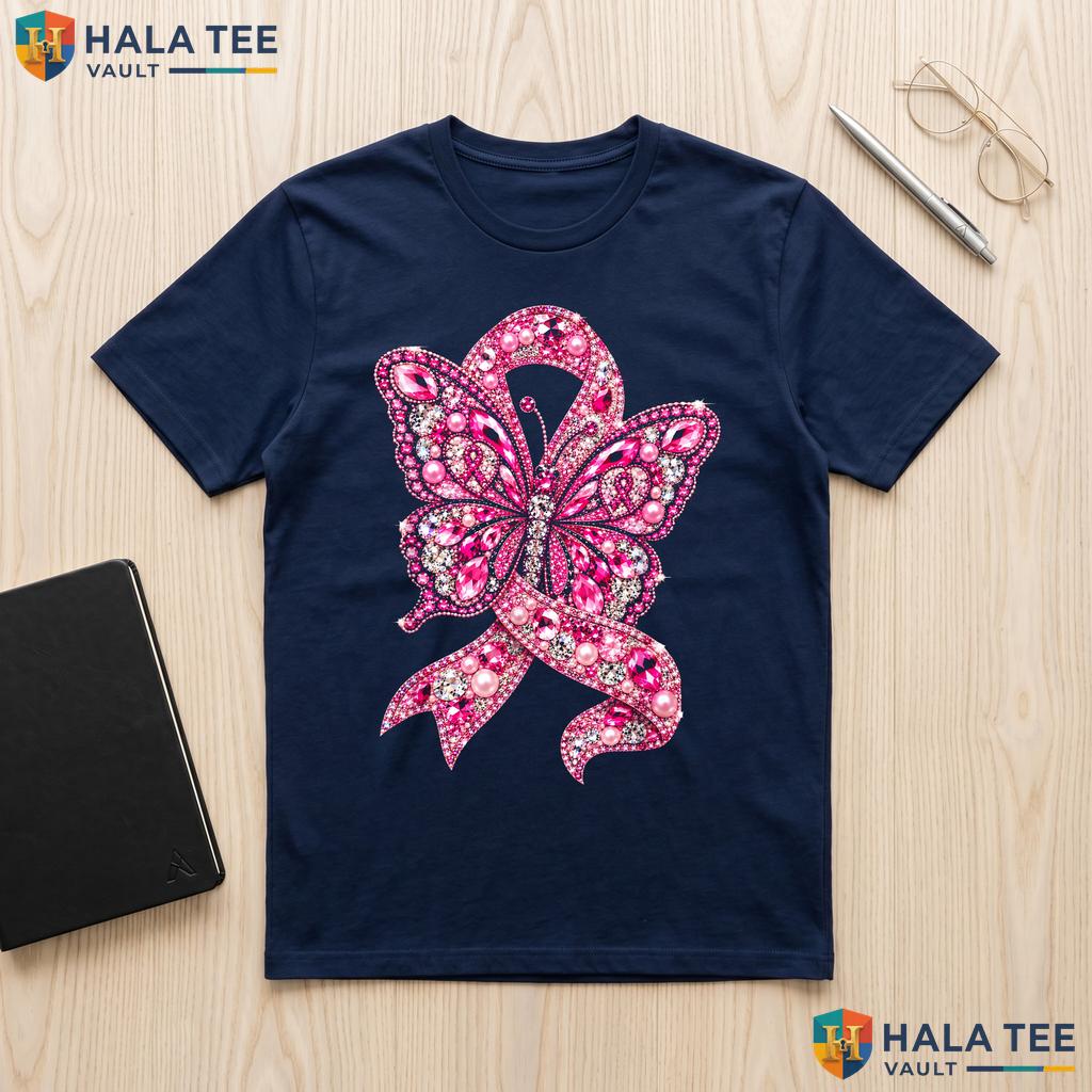 Pink Ribbon Butterfly Cancer T-Shirt Cute Awareness Sparkling Top Adult
