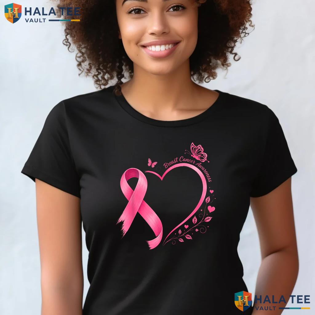 Pink Ribbon Heart Butterfly TShirt Breast Cancer Awareness Women Top