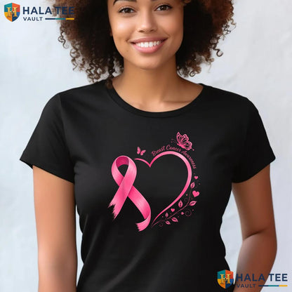 Pink Ribbon Heart Butterfly TShirt Breast Cancer Awareness Women Top
