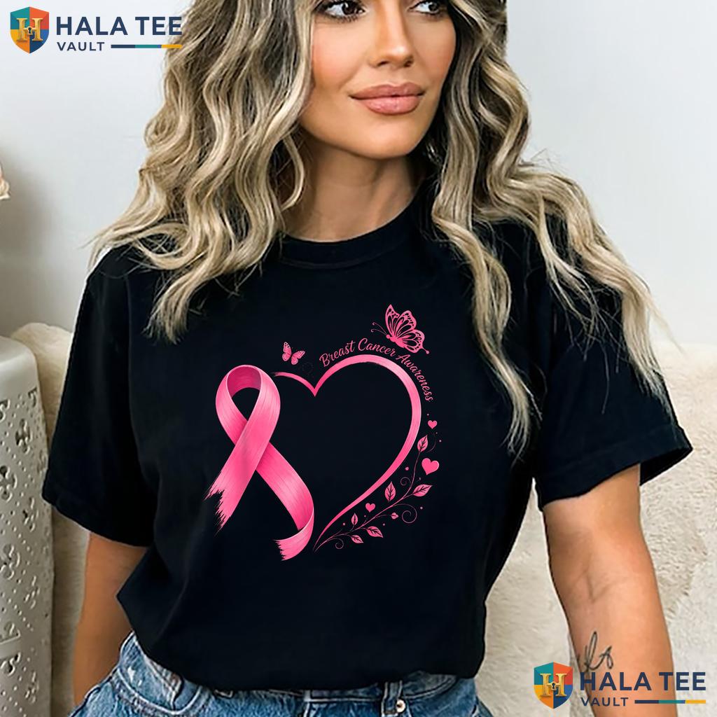 Pink Ribbon Heart Butterfly TShirt Breast Cancer Awareness Women Top Adult