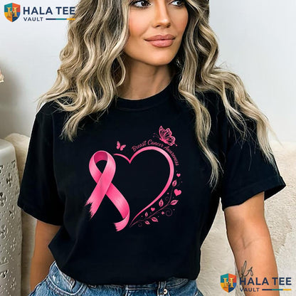 Pink Ribbon Heart Butterfly TShirt Breast Cancer Awareness Women Top Adult