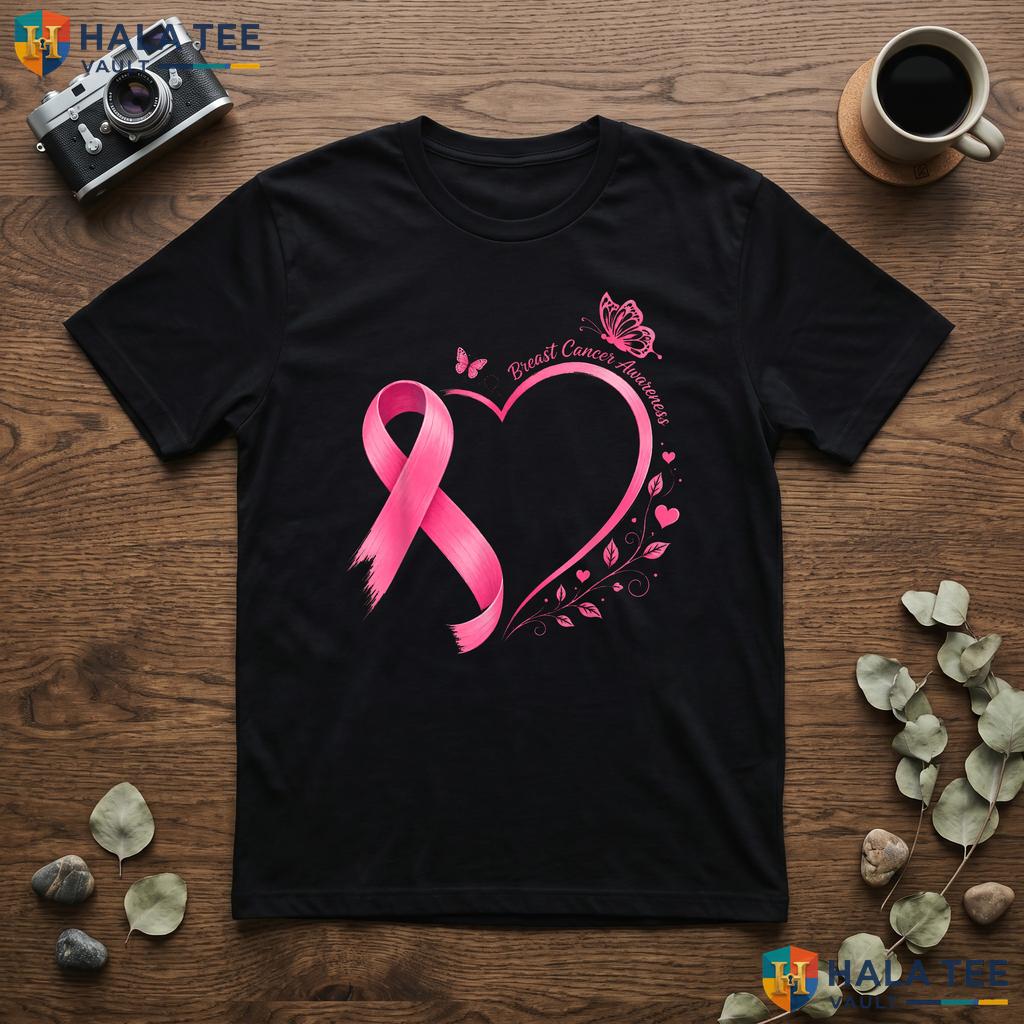 Pink Ribbon Heart Butterfly TShirt Breast Cancer Awareness Women Top Adult