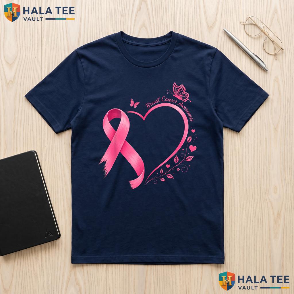 Pink Ribbon Heart Butterfly TShirt Breast Cancer Awareness Women Top Adult
