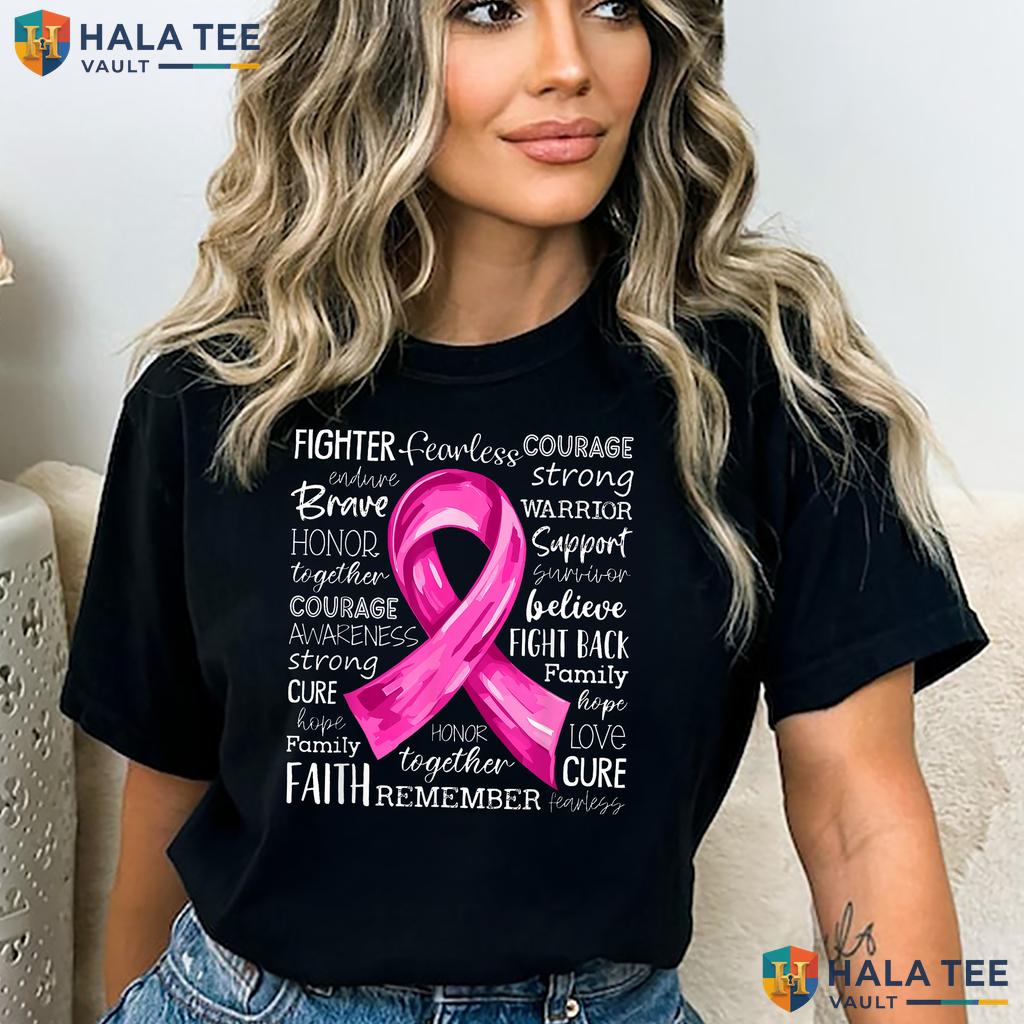 Pink Ribbon Warrior Fight T-Shirt Breast Cancer Awareness Support Adult