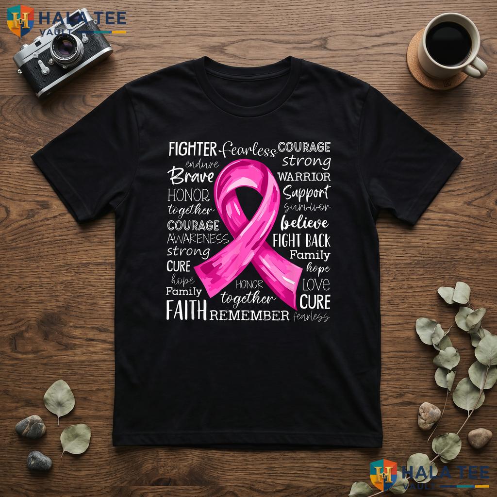 Pink Ribbon Warrior Fight T-Shirt Breast Cancer Awareness Support Adult