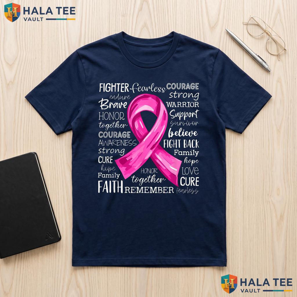 Pink Ribbon Warrior Fight T-Shirt Breast Cancer Awareness Support Adult