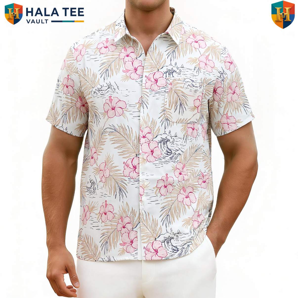 Pink White Floral Aloha Shirt Mens Tropical Luau Party Weekend Vacation Top