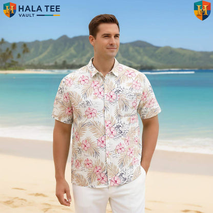 Pink White Floral Aloha Tee Shirt Mens Tropical Luau Party Weekend Vacation Top
