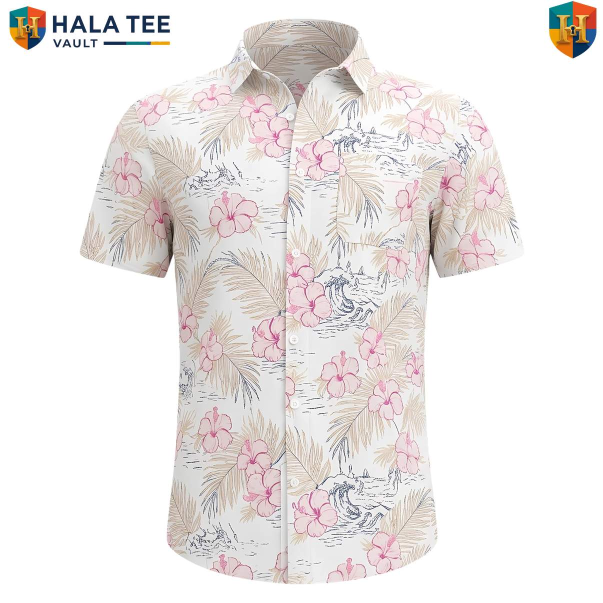 Pink White Floral Aloha TShirt Mens Tropical Luau Party Weekend Vacation Top