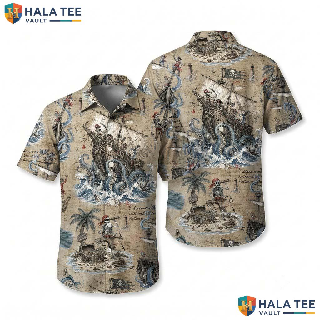 Pirate Skeleton Farm Life Hawaiian Shirt Mens Aloha Button Down Summer