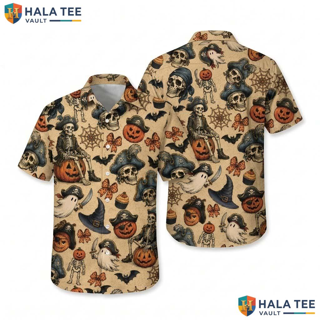 Pirate Skeleton Halloween Hawaiian Shirt Spooky Ghost Pumpkin Aloha