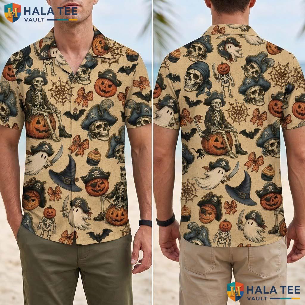 Pirate Skeleton Halloween Hawaiian Shirt Spooky Ghost Pumpkin Aloha Adult