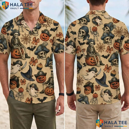 Pirate Skeleton Halloween Hawaiian Shirt Spooky Ghost Pumpkin Aloha Adult