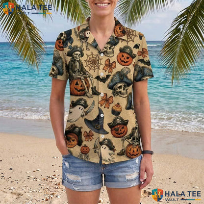 Pirate Skeleton Halloween Hawaiian Shirt Spooky Ghost Pumpkin Aloha Adult