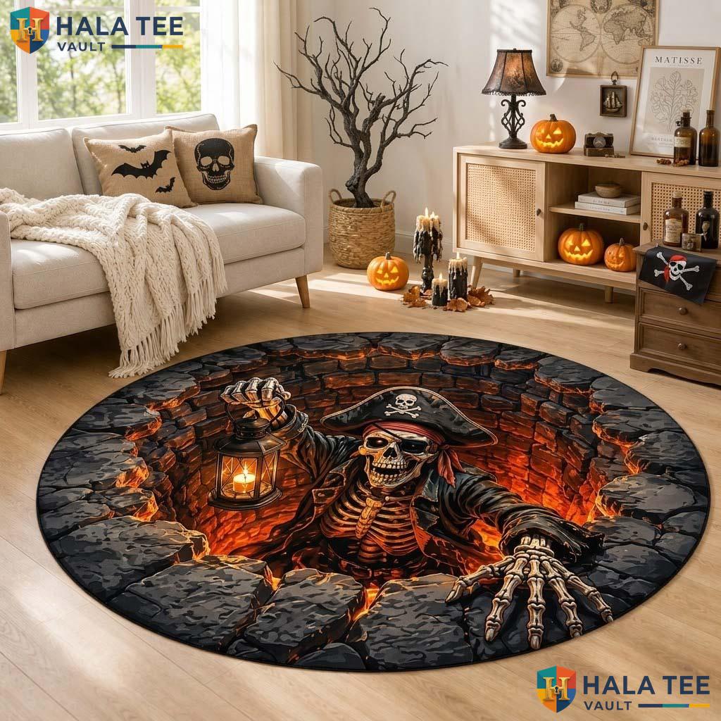 Pirate Skeleton Halloween Round Area Rug 3D Lava Pit Illusion Decor