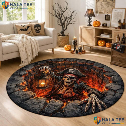 Pirate Skeleton Halloween Round Area Rug 3D Lava Pit Illusion Decor
