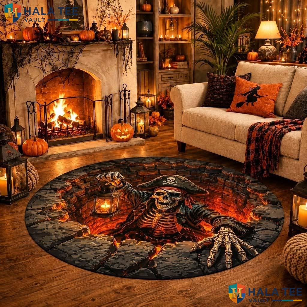 Pirate Skeleton Halloween Round Area Rug 3D Lava Pit Illusion Decor Adult
