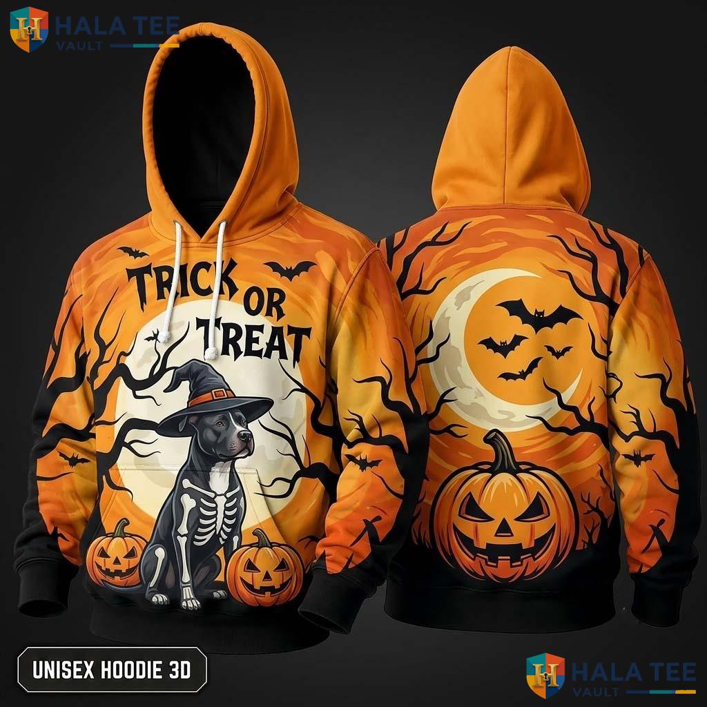 Pit Bull Trick Or Treat 3D Hoodie Quirky Pumpkin Bat Halloween Graphic