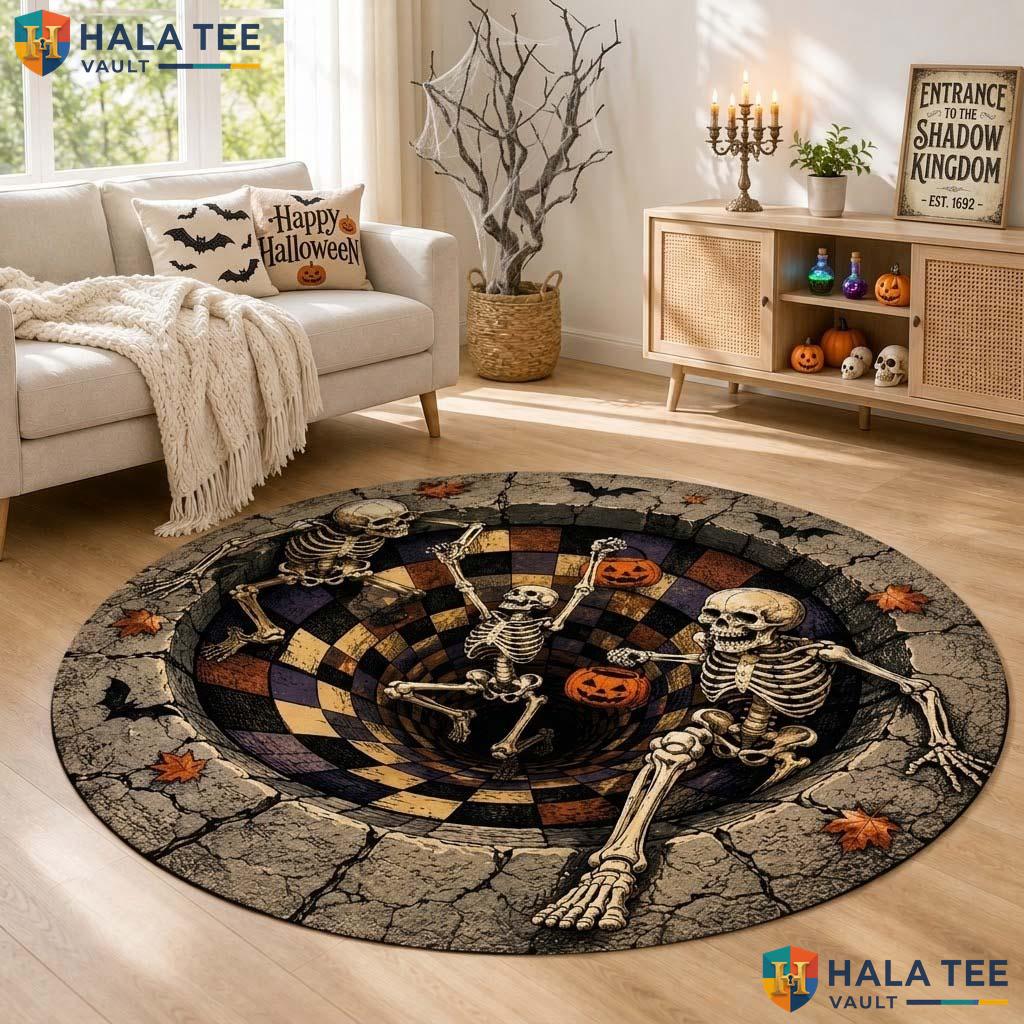 Pit Skeleton Halloween Round Area Rug 3D Spooky Pumpkin Illusion Mat