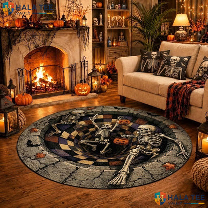 Pit Skeleton Halloween Round Area Rug 3D Spooky Pumpkin Illusion Mat Adult