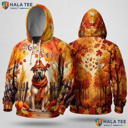 Pitbull Autumn Leaves Thanksgiving 3D Hoodie Funny Pumpkins Apparel