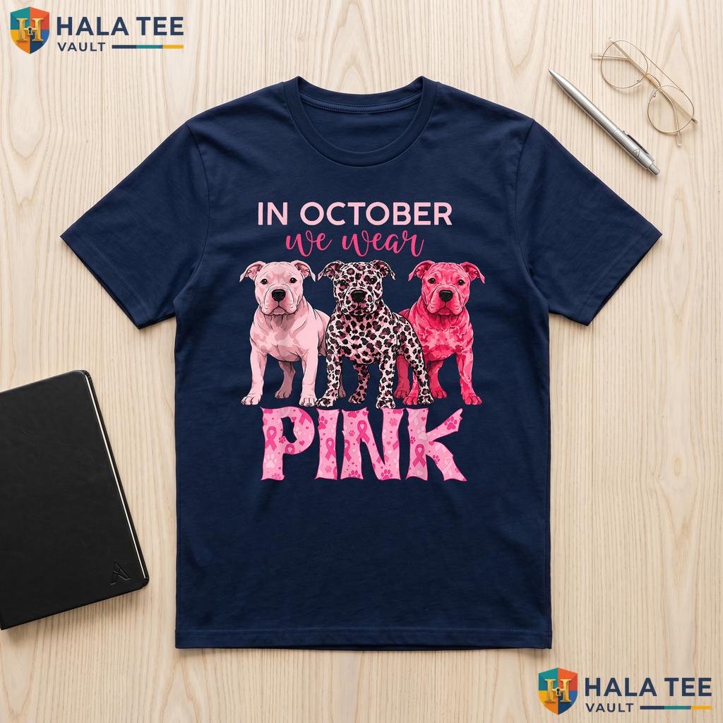 Pitbull Dog Breast Cancer T-Shirt October We Wear Pink Awareness Adult