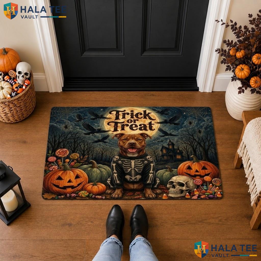 Pitbull Dog Halloween Front door mat Holiday Goth Non Slip Spooky Welcome Rug