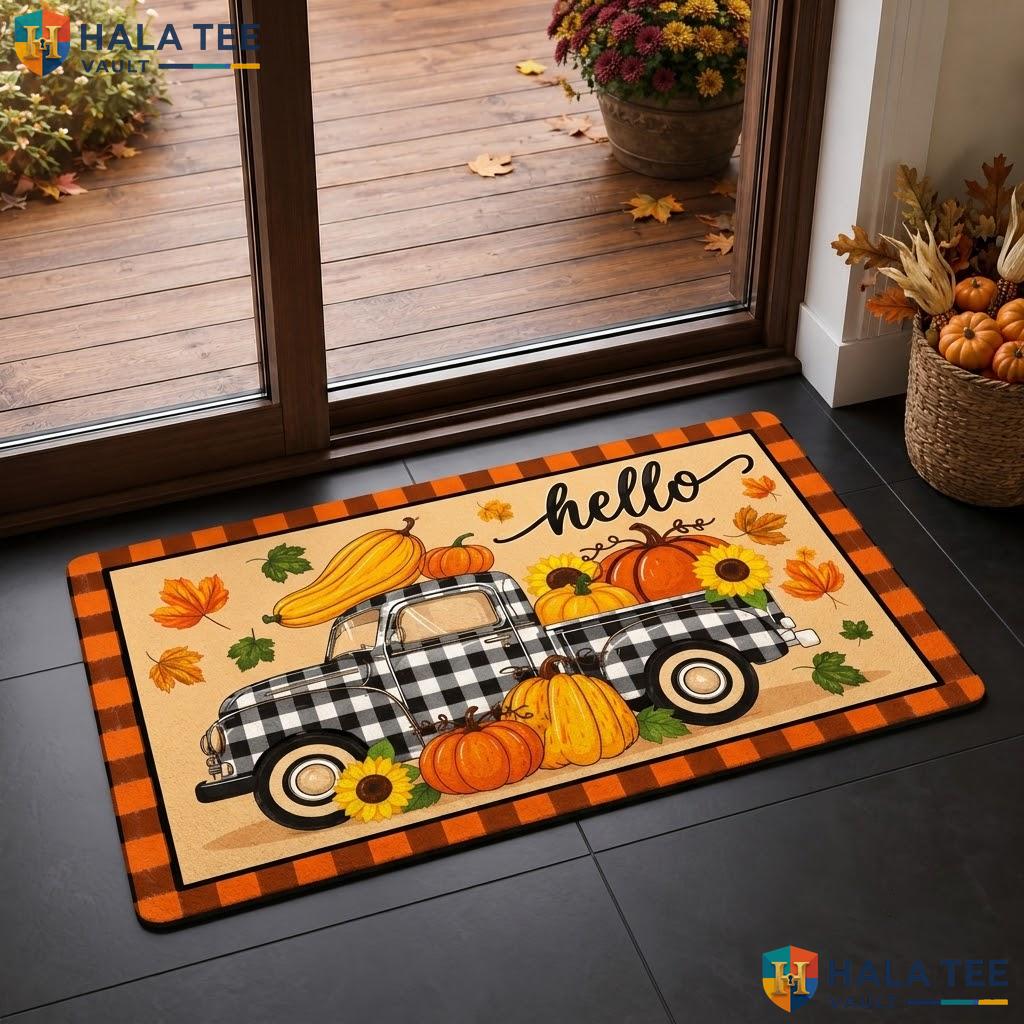 Plaid Car Pumpkin Halloween Doormat Non Slip Ghost Spider Web Entryway Rug