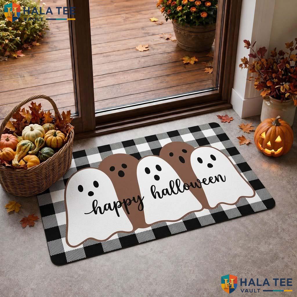 Plaid Ghost Halloween Doormat Whimsical Cheerful Indoor Outdoor Mat Decor