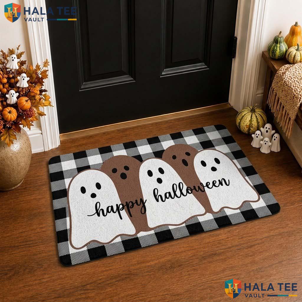 Plaid Ghost Halloween Front door mat Whimsical Cheerful Indoor Outdoor Mat Decor