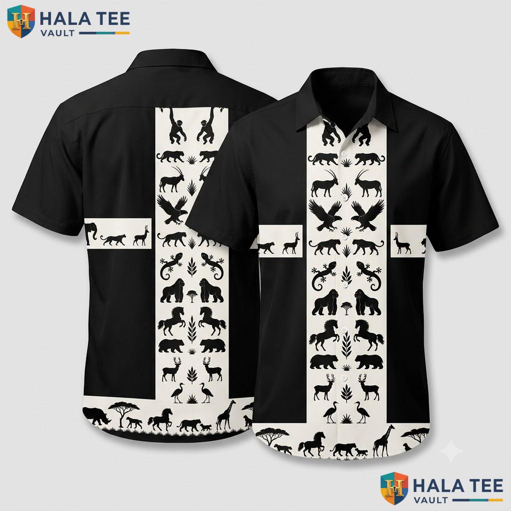 Playful Animal Silhouette Hawaiian Shirt Black White Graphic Nature Top