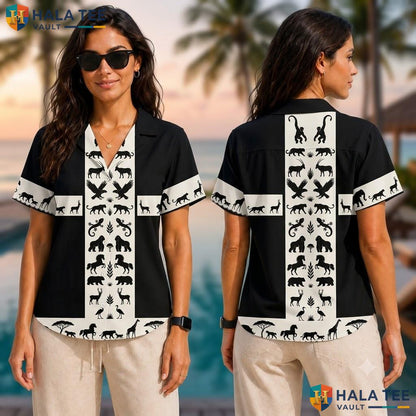 Playful Animal Silhouette Hawaiian Shirt Black White Graphic Nature Top Adult